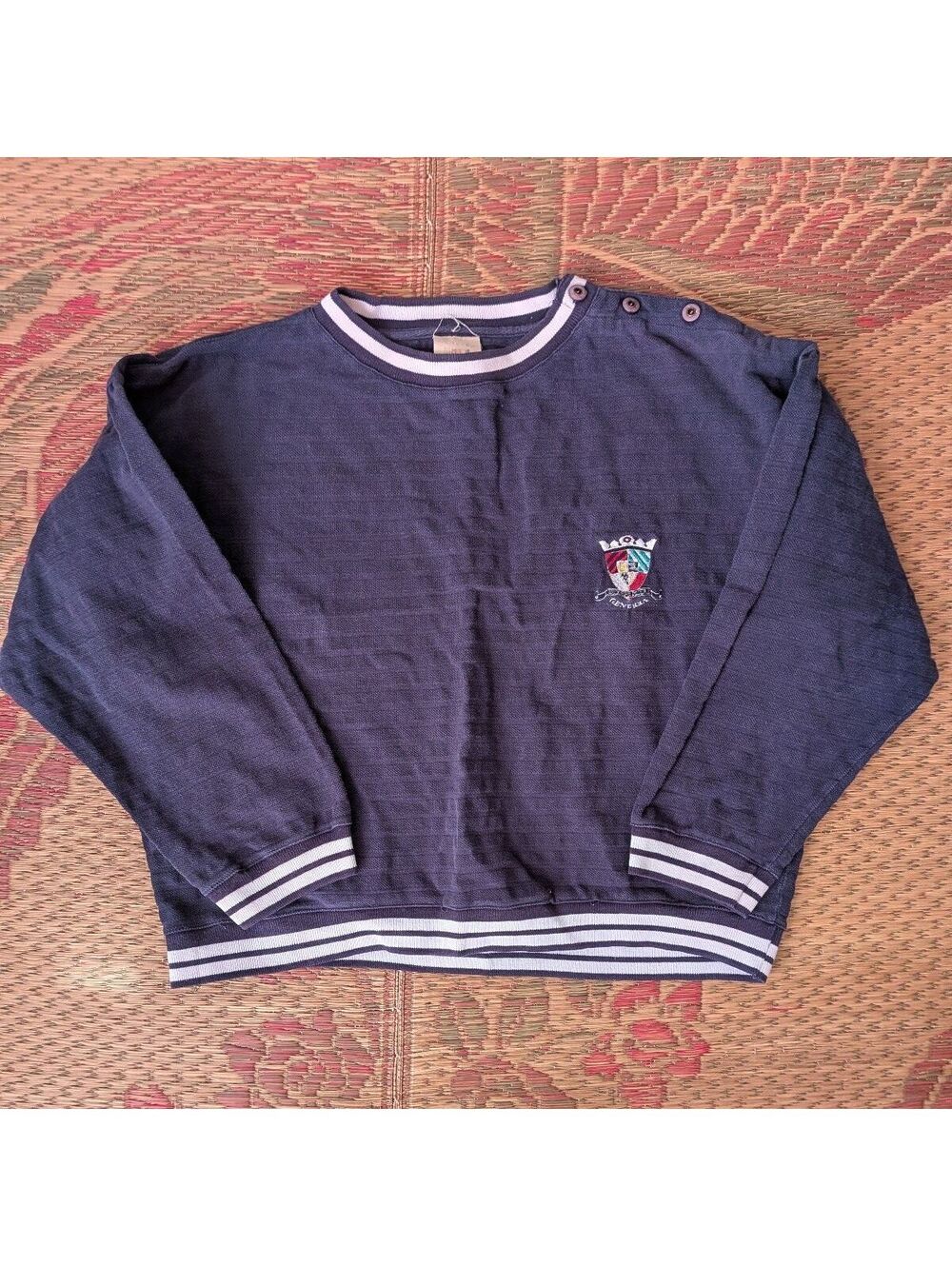 1980s Generra Ribbed Knit Henley Crest Sweater Vintage Navy Size M